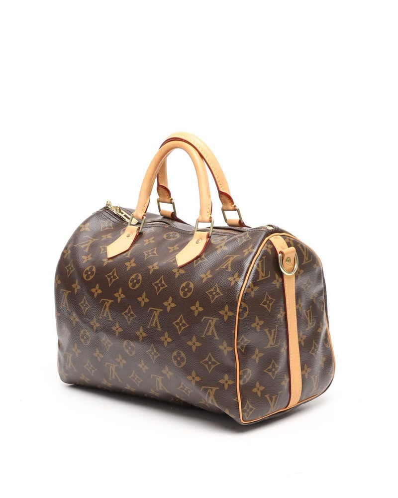 Louis Vuitton Monogram Speedy Bandoulière 35 Taschen aus braunem beschichtetem Canvas mit hellem Vachetta-Lederbesatz.